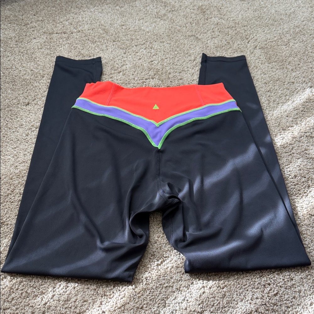High-Waist Colorblock Performance Leggings - Black with Red & Purple Accents